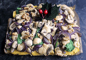 Onion, Mushroom & Cheddar Polenta Bake