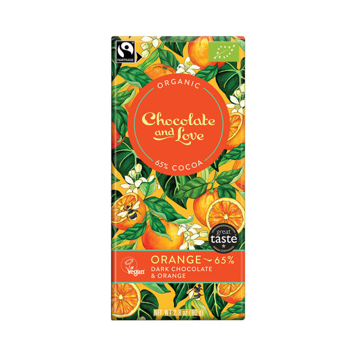 Chocolate & Love 65% Dark Chocolate with Orange, Organic Fairtrade 80g
